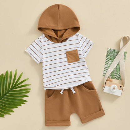 Newborn Baby's Clothes Boy Summer Outfits Short Sleeve Striped Hoodie Rolled Shorts Set Toddler Children's Clothing