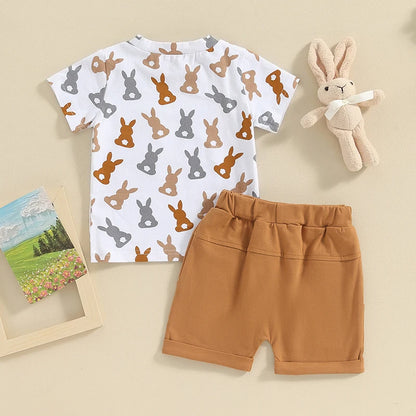 Toddler Baby's Clothes Boys Easter Shorts Sets Short Sleeve Bunny Print Tops and Solid Color Shorts Children's Clothing Sets