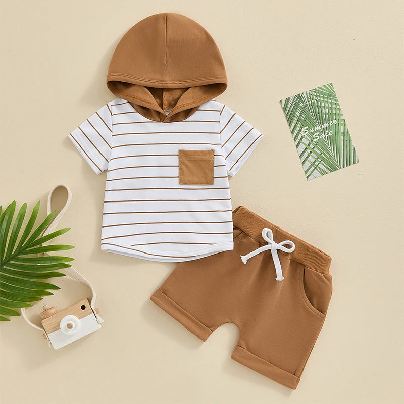 Newborn Baby's Clothes Boy Summer Outfits Short Sleeve Striped Hoodie Rolled Shorts Set Toddler Children's Clothing