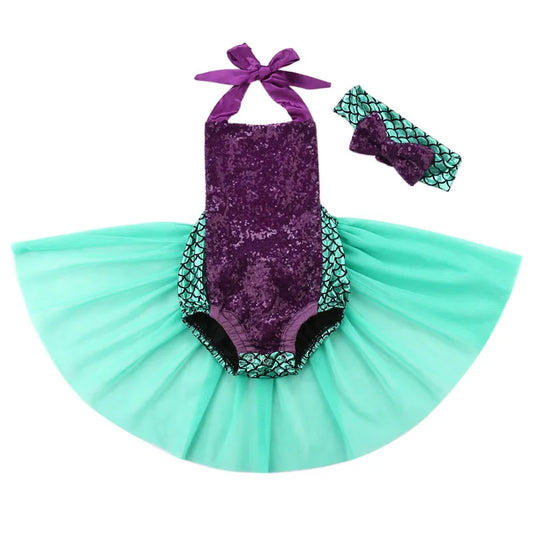 Baby's Clothes Girls Summer Clothes Set Sleeveless Lace-up Mermaid Romper Tulle Tutu Skirt Headband 2Pcs Casual Beach Outfits