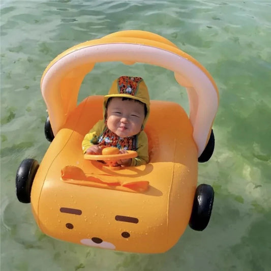 Removable Sunshade Car Shape Inflatable Pool Float Swimming Ring Baby Float Seat with Steering Wheel Summer Beach Party Pool Toy