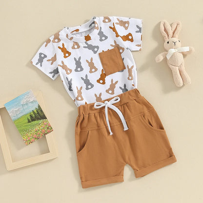 Toddler Baby's Clothes Boys Easter Shorts Sets Short Sleeve Bunny Print Tops and Solid Color Shorts Children's Clothing Sets